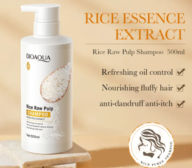 شامپو ضد شوره و کنترل کننده چربی و طراوت مو برنج بیوآکوا حجم 500 میل